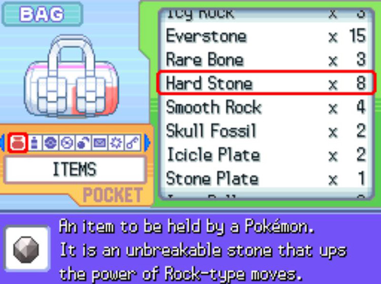 The in-game description of the Hard Stone. / Pokémon Platinum
