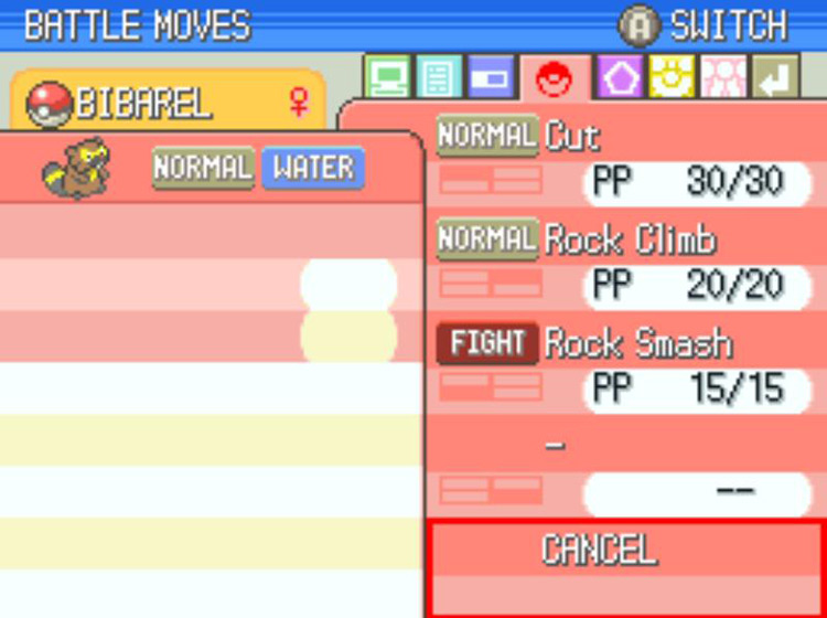 Confirming the new empty spot in Bibarel’s move list. / Pokémon Platinum