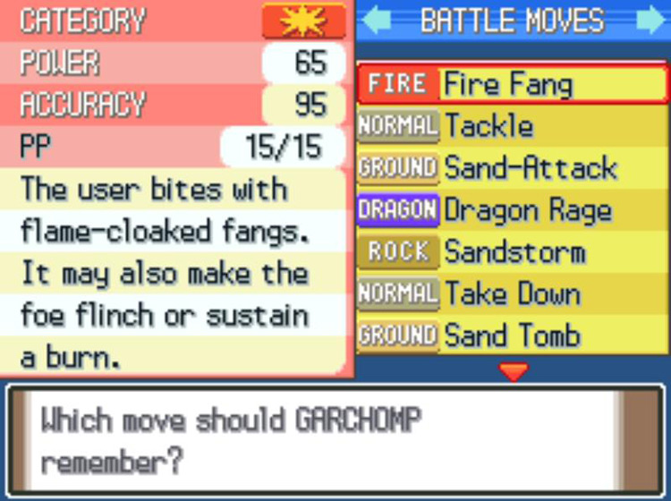 Choosing a move for Garchomp to relearn. / Pokémon Platinum