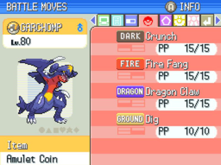 Garchomp’s moveset after relearning Fire Fang. / Pokémon Platinum