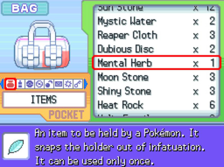 The in-game description of the Mental Herb. / Pokémon Platinum