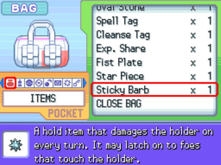 The in-game description of the Sticky Barb. / Pokémon Platinum