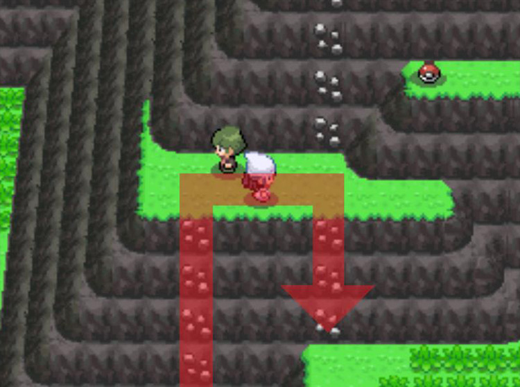Passing the Ace Trainer and climbing down the rocky wall. / Pokémon Platinum