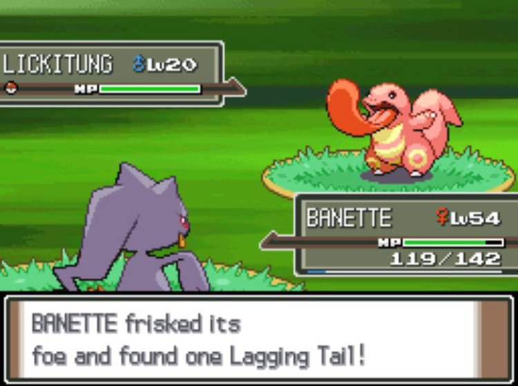 Identifying the wild Lickitung’s held item using the Frisk Ability. / Pokémon Platinum