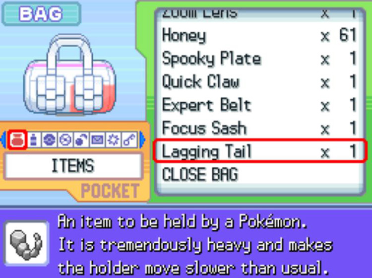 The in-game description of the Lagging Tail. / Pokémon Platinum