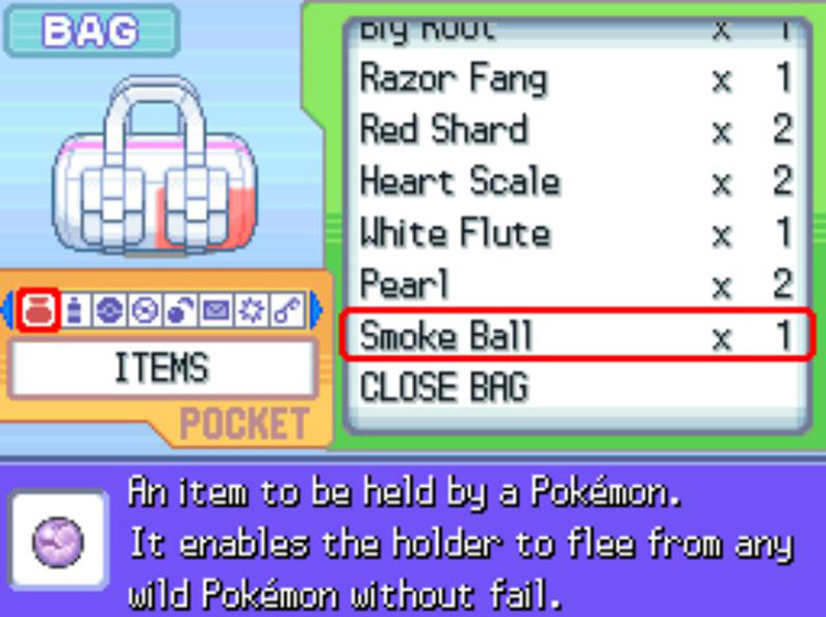 The in-game description of the Smoke Ball. / Pokémon Platinum