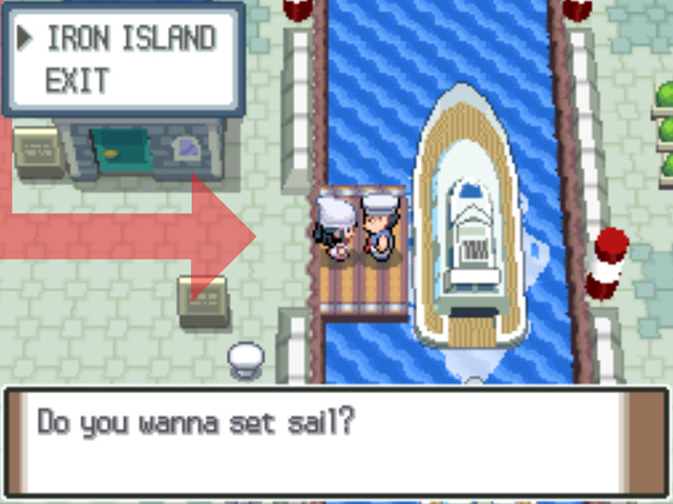 Sailor Eldritch offering to take you to Iron Island. / Pokémon Platinum