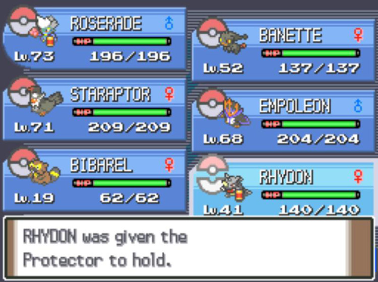 Giving Rhydon a Protector before trading it to another player. / Pokémon Platinum