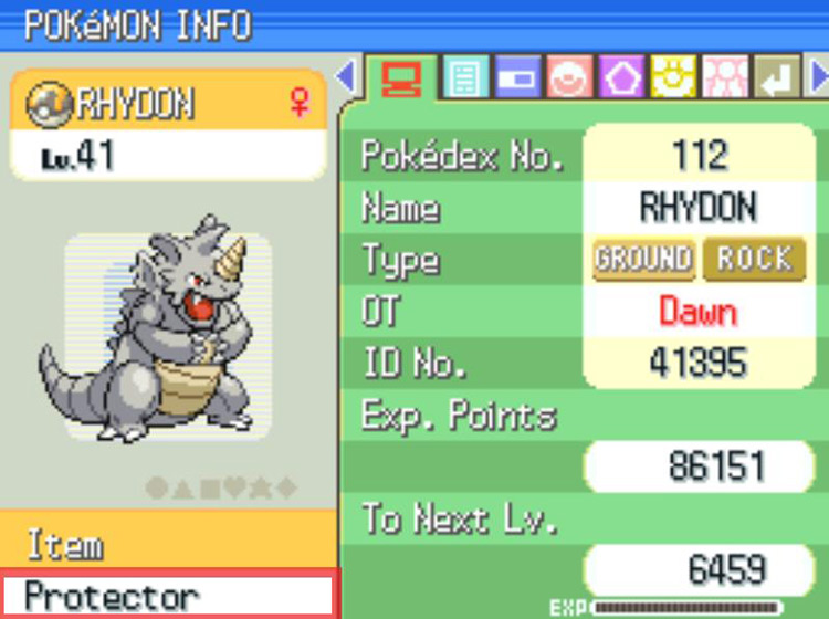 Confirming Rhydon’s held item. / Pokémon Platinum