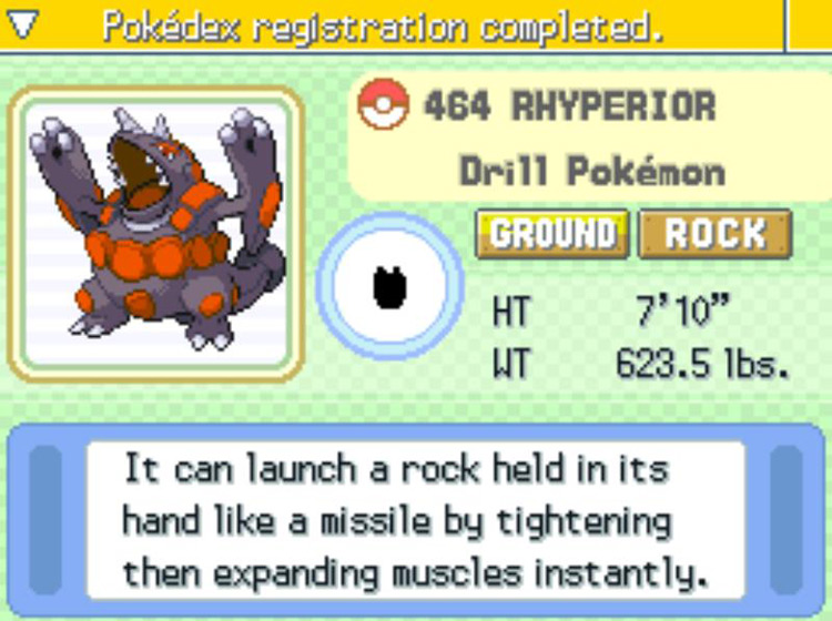 Pokédex description of the newly-evolved Rhyperior. / Pokémon Platinum