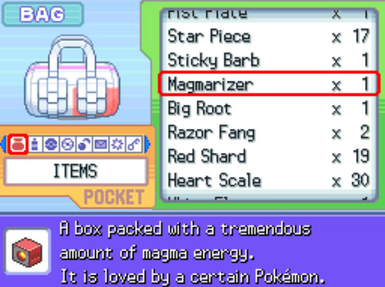 The in-game description of the Magmarizer. / Pokémon Platinum