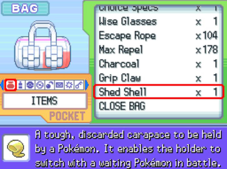 In-game description of the Shed Shell. / Pokémon Platinum