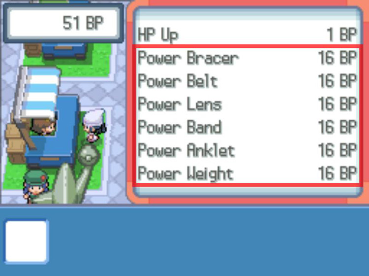 All Power items listed at the Battle Frontier. / Pokémon Platinum