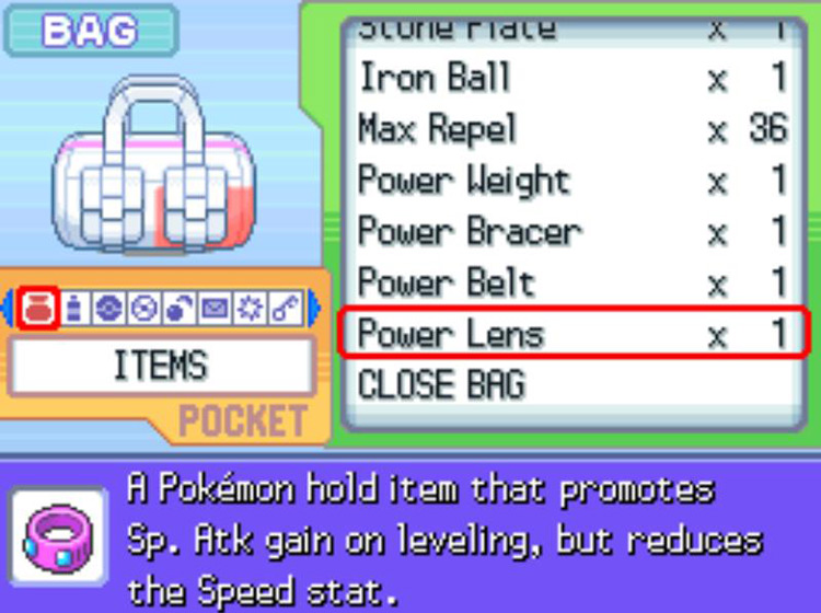 The in-game description of the Power Lens, one of several Power items. / Pokémon Platinum