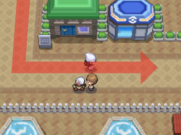 Turning east and passing the Poké Mart. / Pokémon Platinum