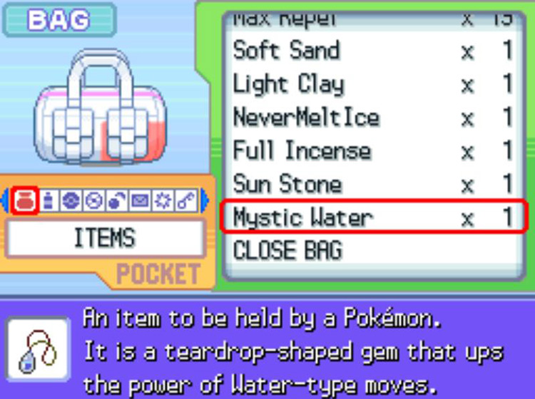The in-game description of the Mystic Water. / Pokémon Platinum