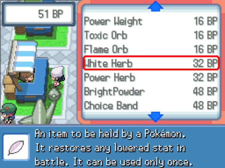 The Battle Frontier’s listing for the White Herb. / Pokémon Platinum