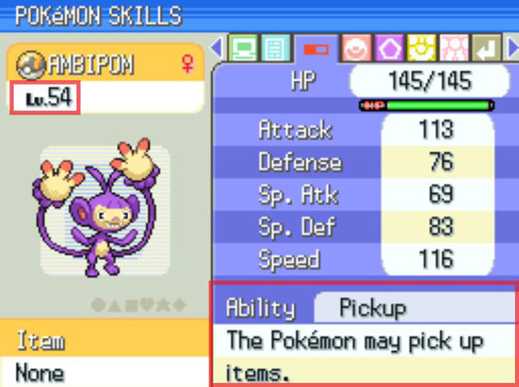 A level 54 Ambipom with the Pickup Ability. / Pokémon Platinum