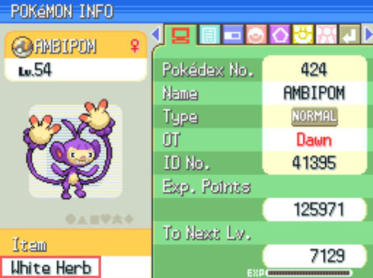 Finding a White Herb in Ambipom’s held item slot. / Pokémon Platinum