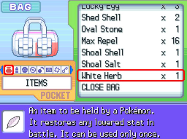 The in-game description of the White Herb. / Pokémon Platinum