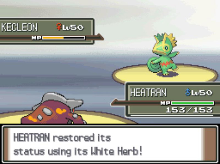 Heatran restoring its negative stats with the White Herb. / Pokémon Platinum