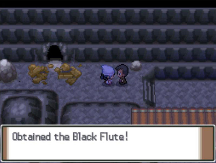 Receiving the Black Flute from Looker inside Mt. Coronet. / Pokémon Platinum