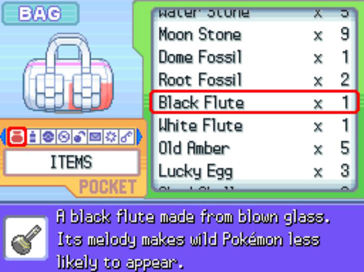 The in-game description of the Black Flute. / Pokémon Platinum