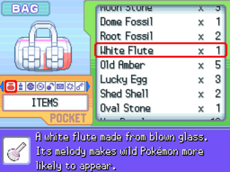 The in-game description of the White Flute. / Pokémon Platinum