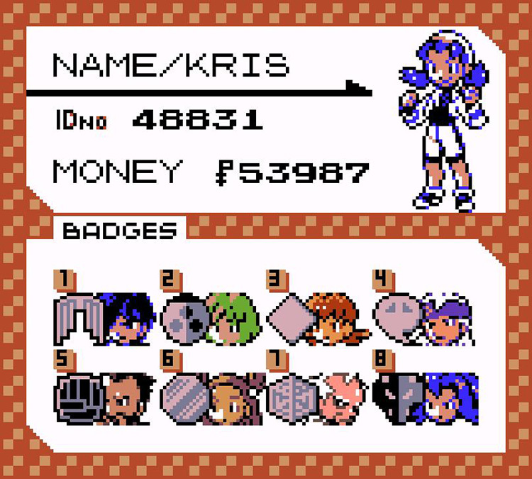 Player ID showing all eight Johto Gym badges. / Pokémon Crystal