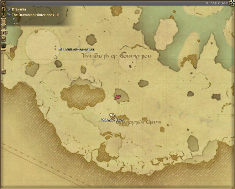 Y’shtola’s map location outside Matoya’s Cave in The Dravanian Hinterlands / Final Fantasy XIV