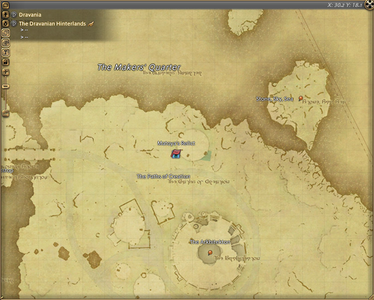 Puro Roggo’s map location near Matoya’s Relict in The Dravanian Hinterlands / Final Fantasy XIV