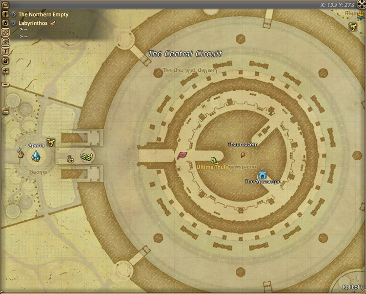 Fourchenault’s initial map location in Labyrinthos / Final Fantasy XIV