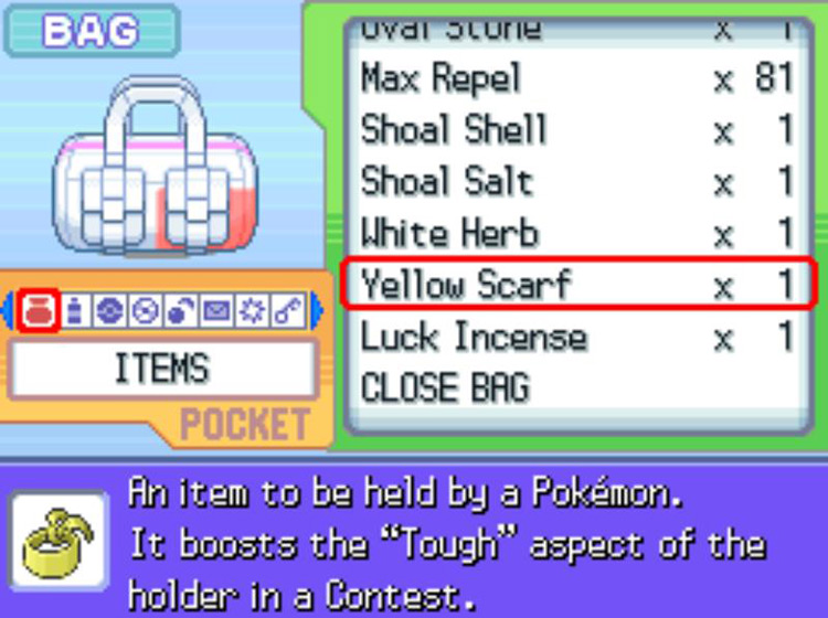 The in-game description of the Yellow Scarf, which affects Toughness / Pokémon Platinum