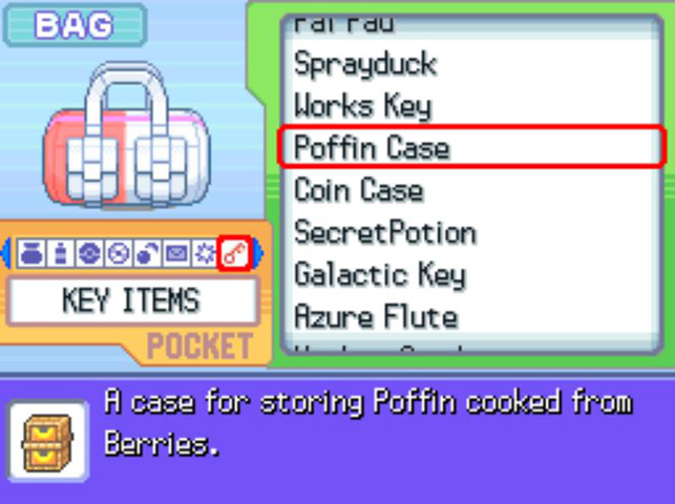 The in-game description of the Poffin Case. / Pokémon Platinum
