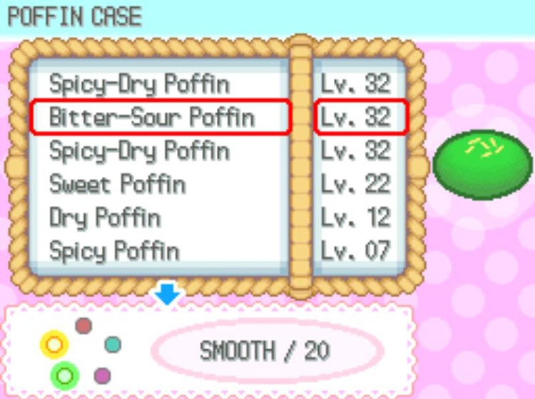 The Poffin Case’s list of available Poffins. / Pokémon Platinum