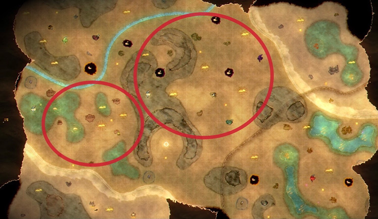 Marked are the regions on the World Map where squids can be caught. / Spiritfarer