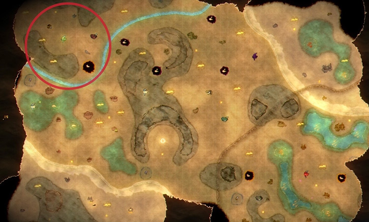 Marked is the spot where you can find blue salmon in the game. / Spiritfarer