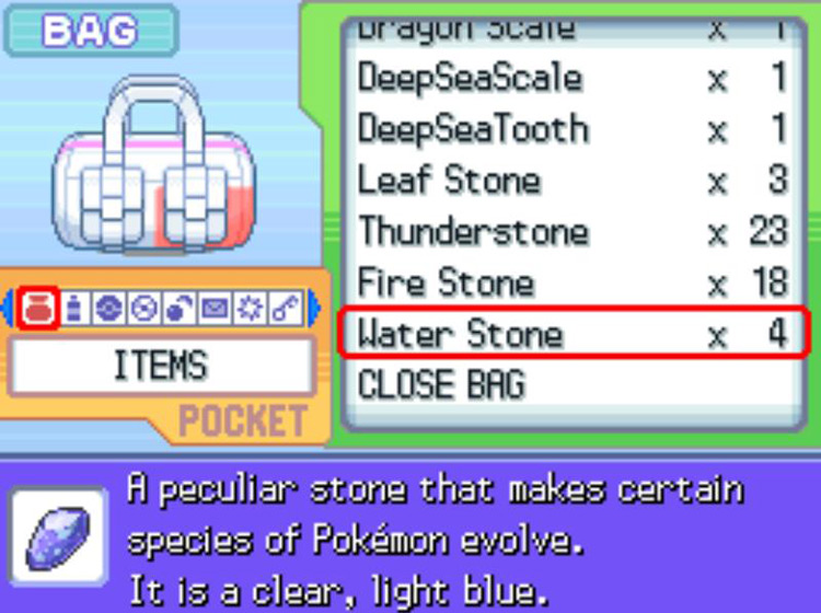 The in-game description of the Water Stone / Pokémon Platinum