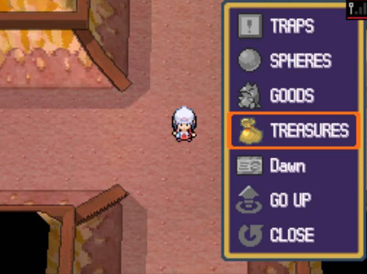 Opening the Treasures menu to send found items back up / Pokémon Platinum