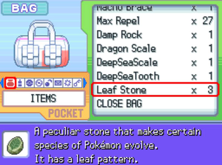 The in-game description of the Leaf Stone / Pokémon Platinum