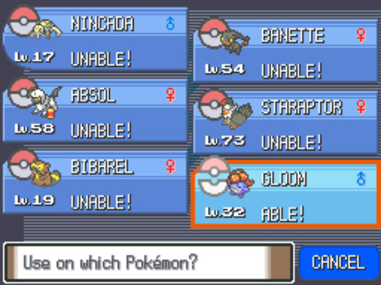 Selecting a Pokémon to evolve with the Leaf Stone / Pokémon Platinum