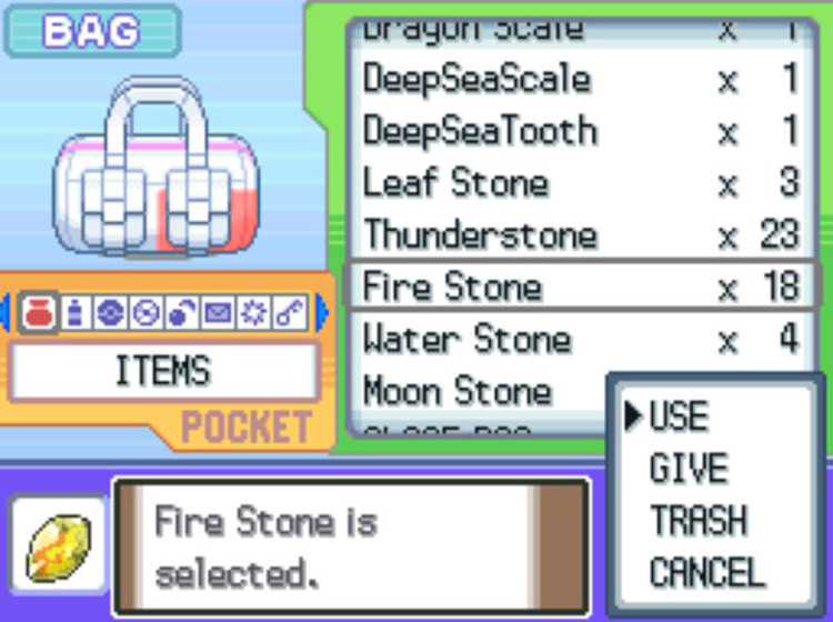 Using a Fire Stone to evolve a Pokémon / Pokémon Platinum