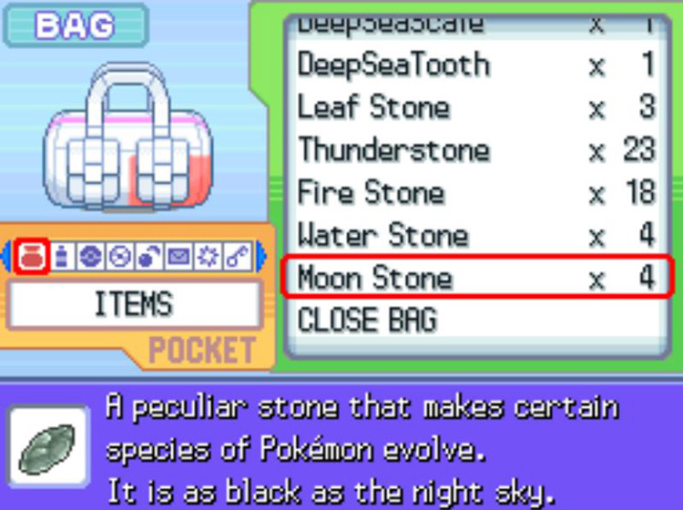 The in-game description of the Moon Stone / Pokémon Platinum