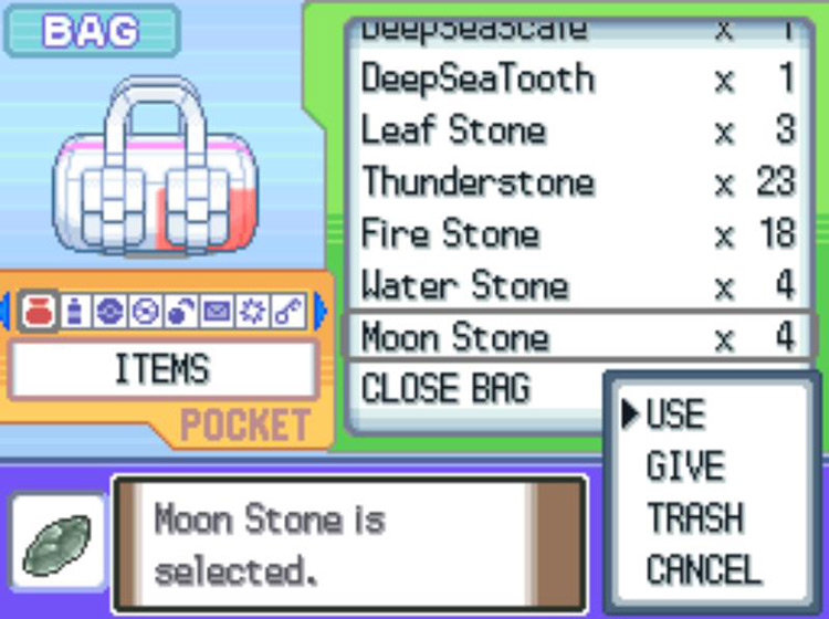 Using a Moon Stone from the Bag / Pokémon Platinum