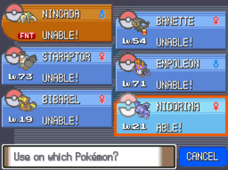 Using a Moon Stone on Nidorina to evolve into a Nidoqueen / Pokémon Platinum