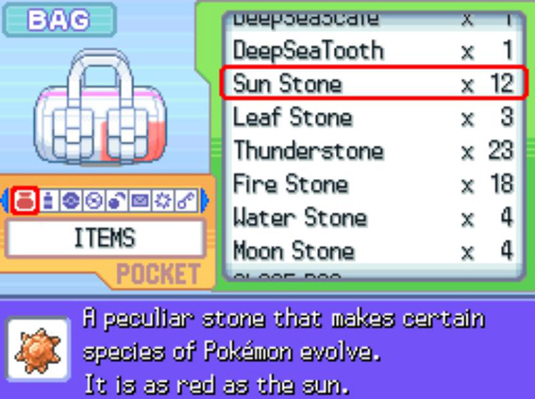 The in-game description of the Sun Stone / Pokémon Platinum