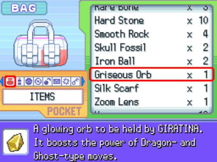 The in-game description of the Griseous Orb. / Pokémon Platinum