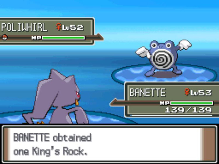 Stealing the Poliwhirl’s King’s Rock using Trick. / Pokémon Platinum