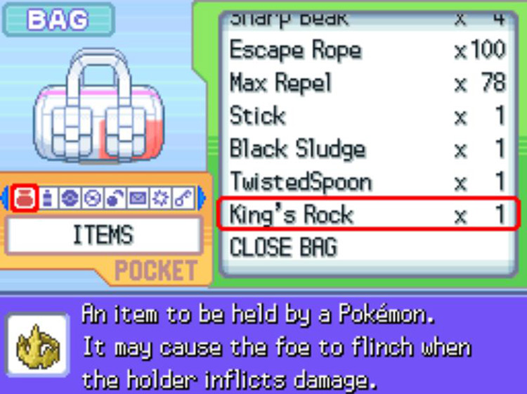 The in-game description of the King’s Rock. / Pokémon Platinum
