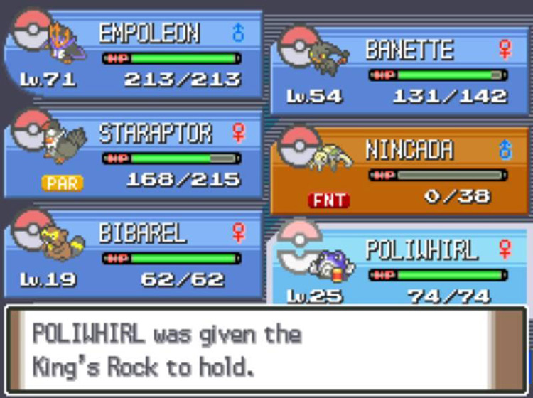 Giving Poliwhirl a King’s Rock before trading it to another player. / Pokémon Platinum